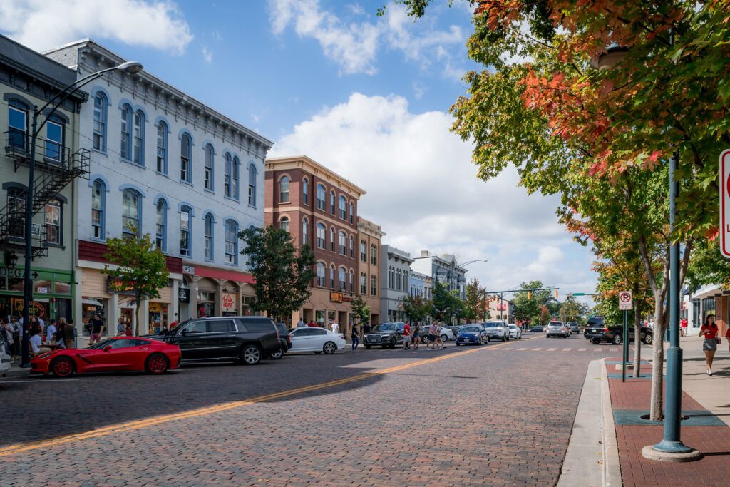 placemaking spotlight Oxford Ohio. I mage shows street lined with buildings.